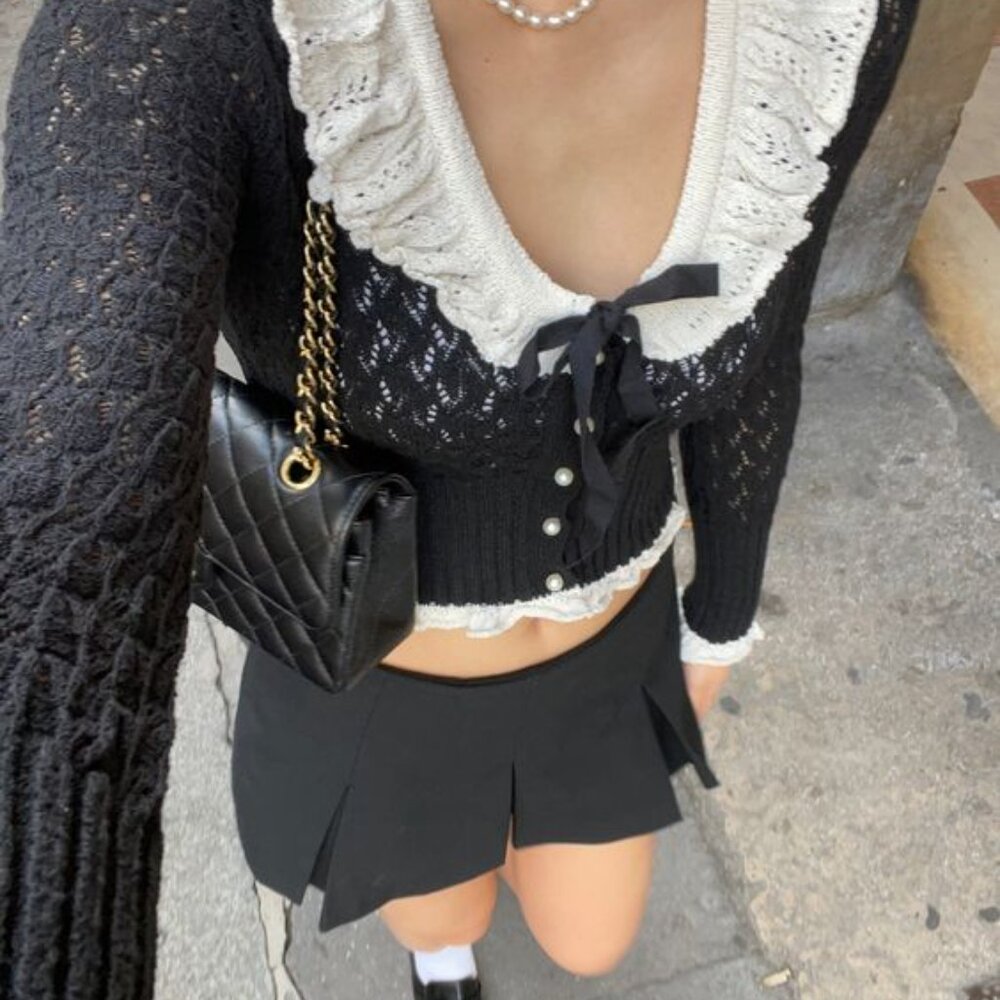 Zara MIXED RUFFLED KNIT CARDIGAN XS pearl buttons lace